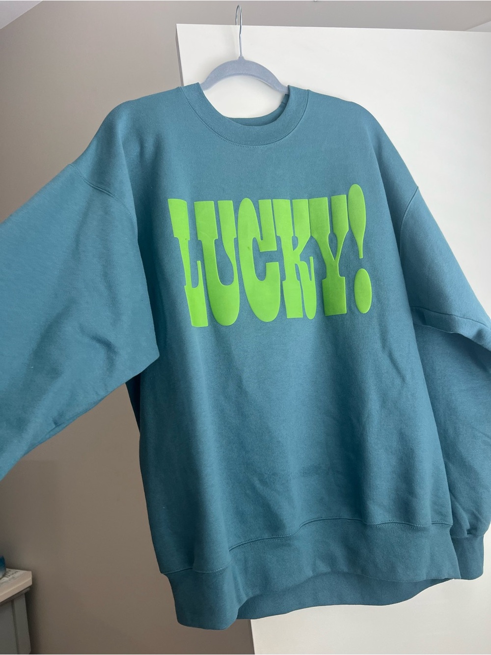 Hanes Teal Sweatshirt with Neon Green "LUCKY!" Graphic